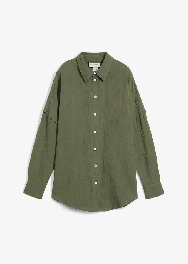 Chemise oversize en gaze de coton aérienne, Couleur: vert argile