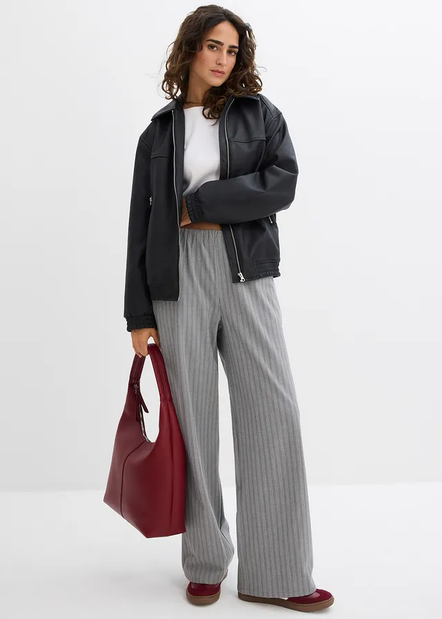 Pantalon fluide à taille élastiquée, Couleur: gris/gris ardoise/blanc rayé