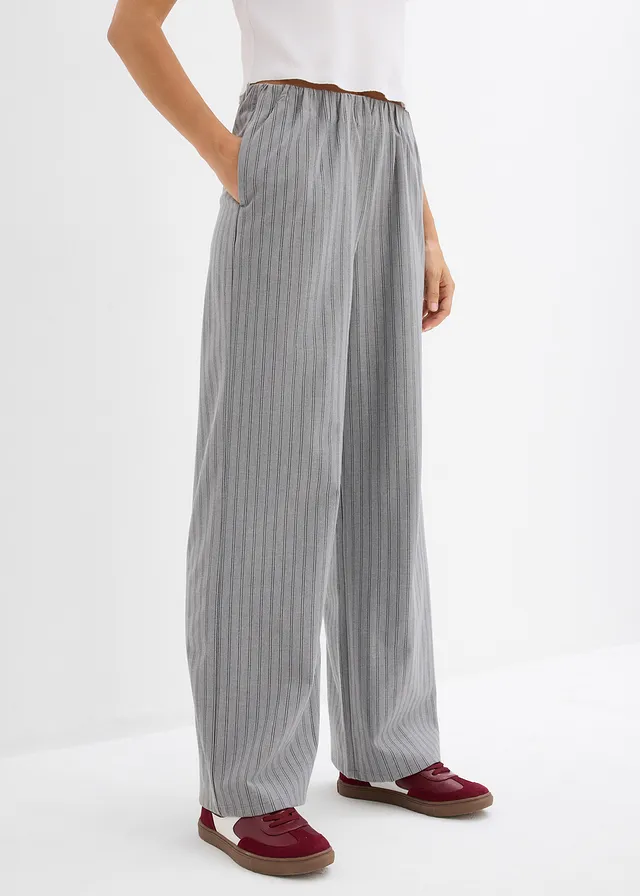 Pantalon fluide à taille élastiquée, Couleur: gris/gris ardoise/blanc rayé