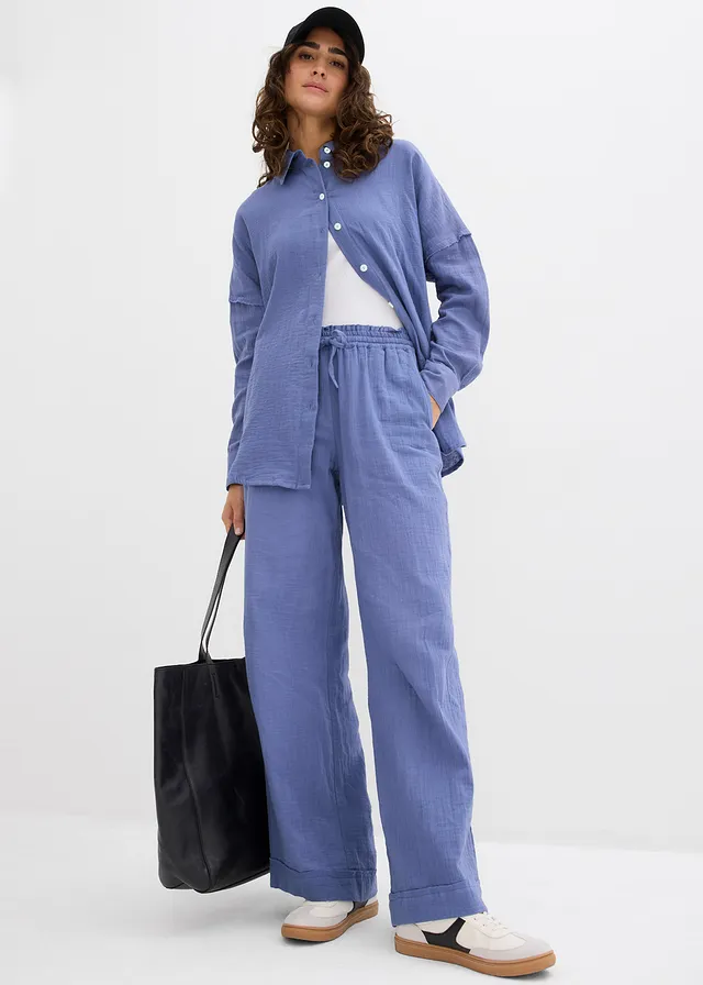 Pantalon taille élastiquée en gaze de coton, Couleur: bleu jean