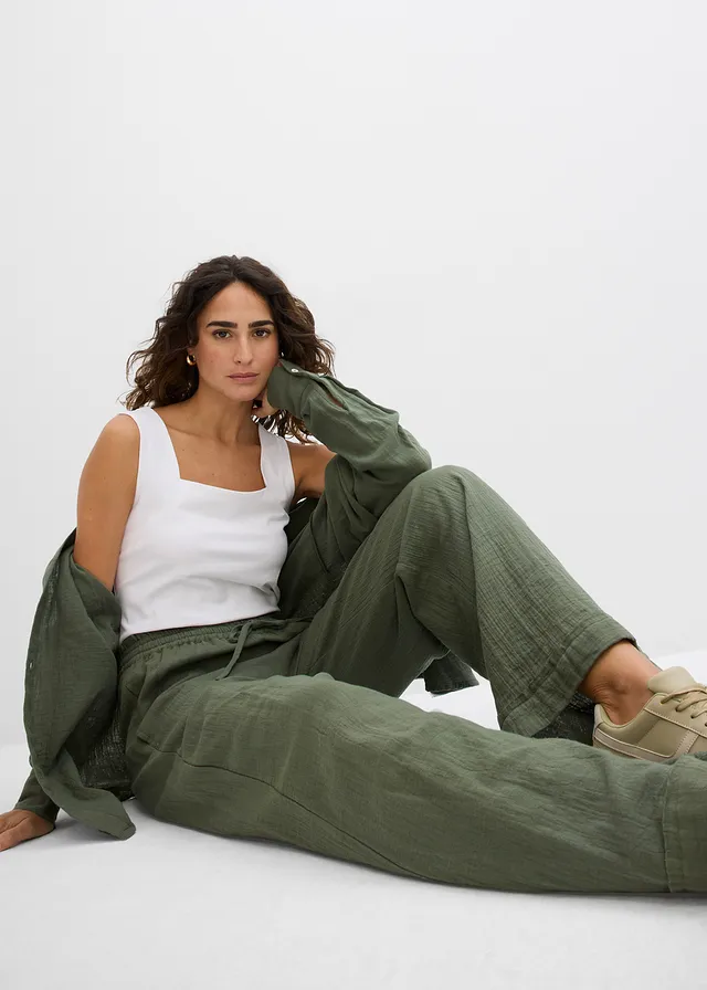 Pantalon taille élastiquée en gaze de coton • vert argile • product-page.page-title-suffix