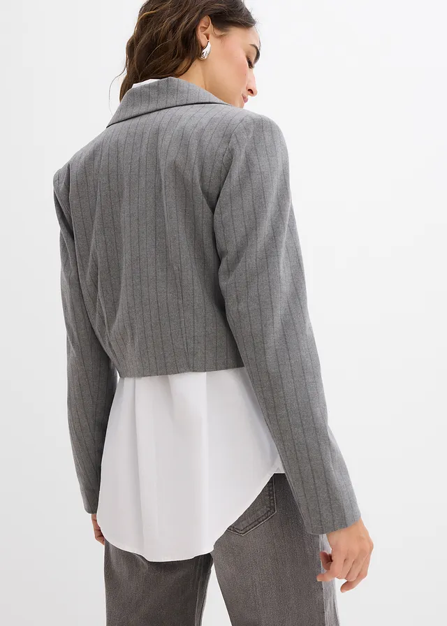 Blazer court avec col à revers, Couleur: gris fumé/gris ardoise rayé