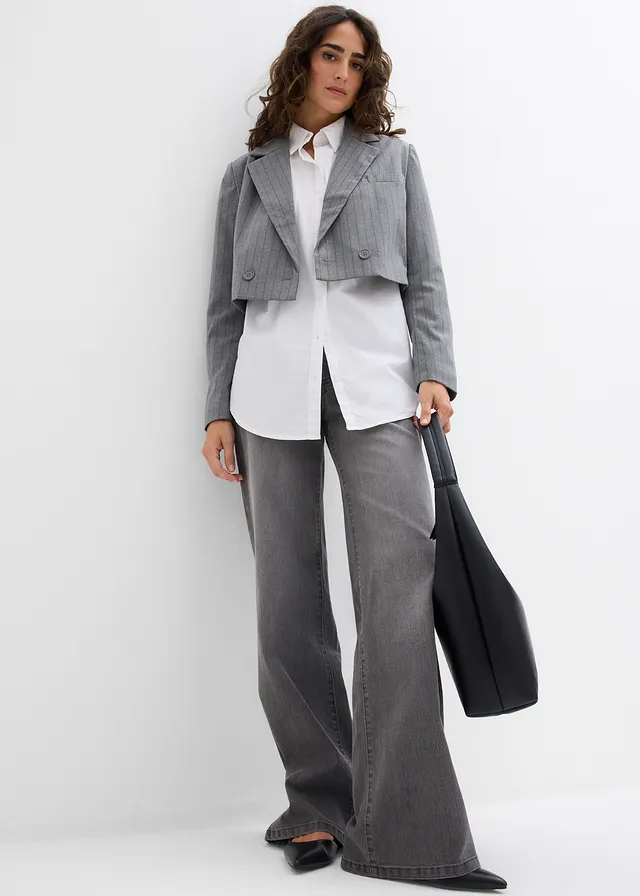 Blazer court avec col à revers, Couleur: gris fumé/gris ardoise rayé