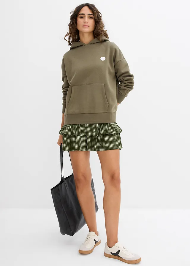 Oversized hoodie in een zachte katoenmix, Kleur: kleigroen met print