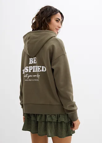 Oversized hoodie in een zachte katoenmix, Kleur: kleigroen met print