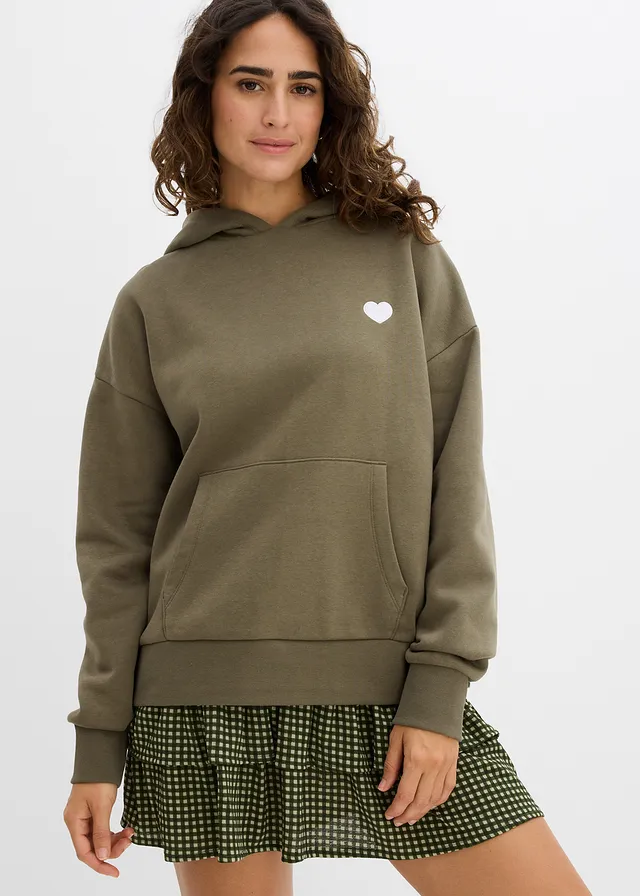 Oversized hoodie in een zachte katoenmix, Kleur: kleigroen met print