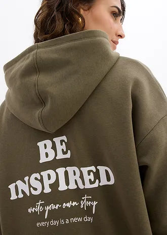 Sweat à capuche doux en coton mélangé • vert argile imprimé • Boutique bonprix