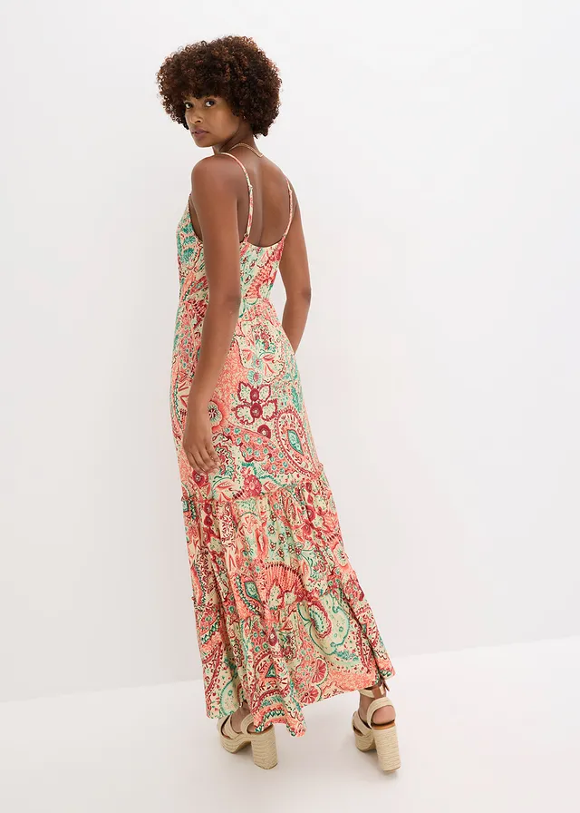 Robe à fines bretelles en jersey viscose extensible, Couleur: orange imprimé