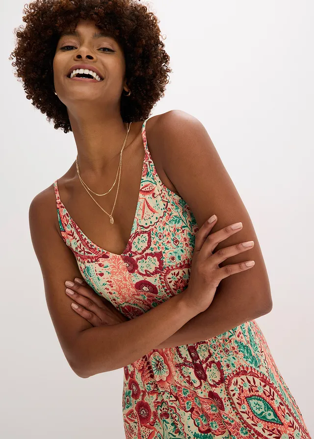 Robe à fines bretelles en jersey viscose extensible • orange imprimé • product-page.page-title-suffix