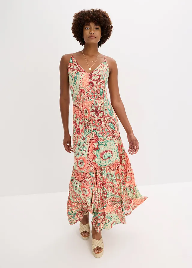 Robe à fines bretelles en jersey viscose extensible, Couleur: orange imprimé