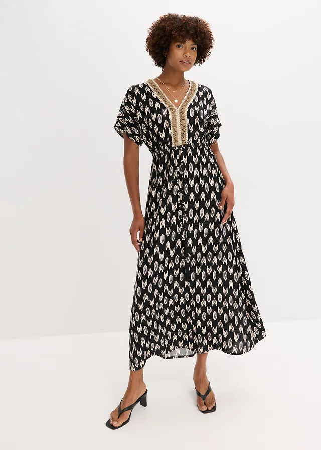Robe longue en viscose fluide, Couleur: noir imprimé