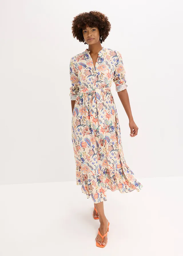 Maxi jurk met een bloemenprint, Kleur: beige-blauw-bruin gebloemd
