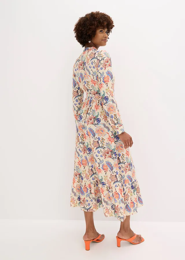 Robe longue à imprimé floral, Couleur: beige/bleu/marron à fleurs