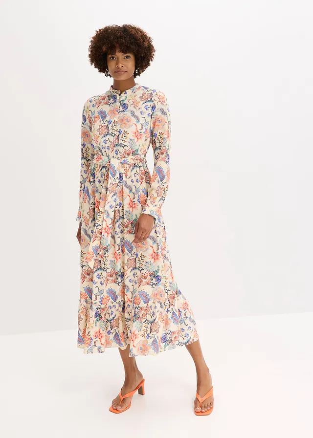 Robe longue à imprimé floral, Couleur: beige/bleu/marron à fleurs