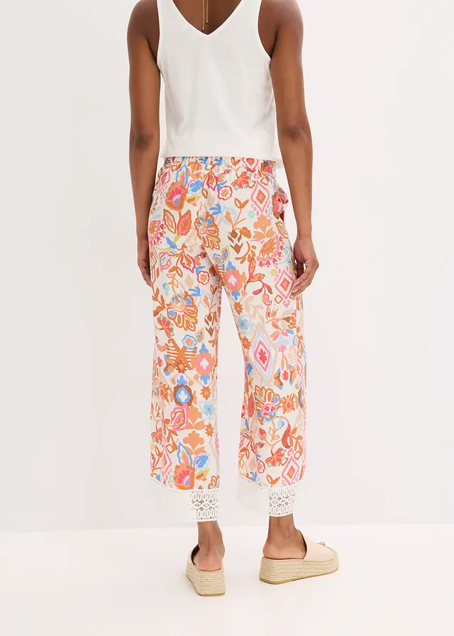 Pantalon avec bordure dentelle, Couleur: écru imprimé