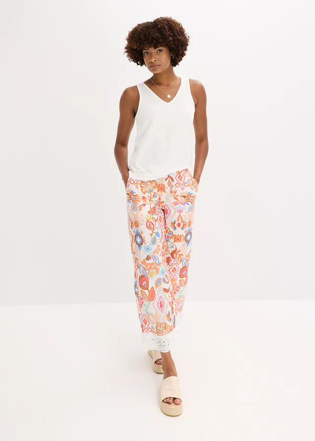 Pantalon avec bordure dentelle, Couleur: écru imprimé