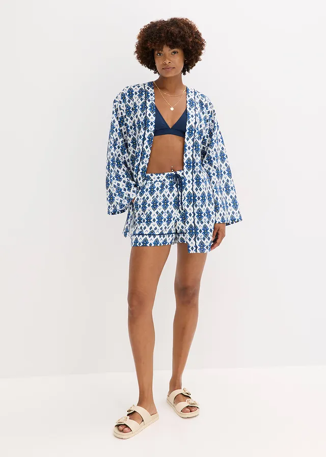 Kimono blouse, Kleur: wit-blauw gedessineerd