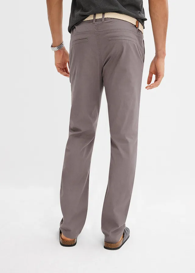 Regular fit stretch chino met rem, straight, Kleur: rookgrijs