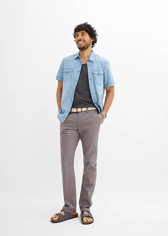 Regular fit stretch chino met rem, straight, Kleur: rookgrijs