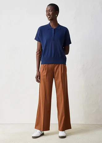 Fijn gebreide trui met zijde en een polokraag, Kleur: donkerblauw