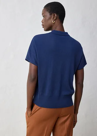 Fijn gebreide trui met zijde en een polokraag, Kleur: donkerblauw