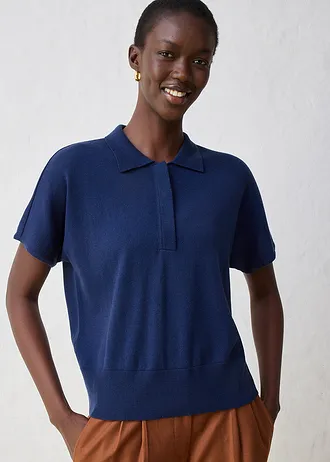 Fijn gebreide trui met zijde en een polokraag, Kleur: donkerblauw