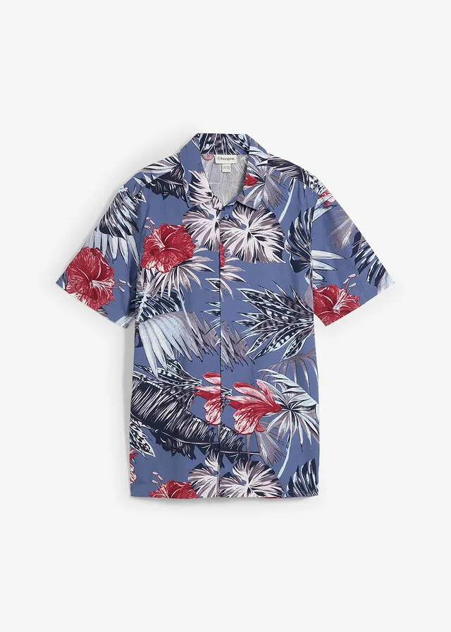 Chemise manches courtes 100% coton, Couleur: bleu jean-prune imprimé