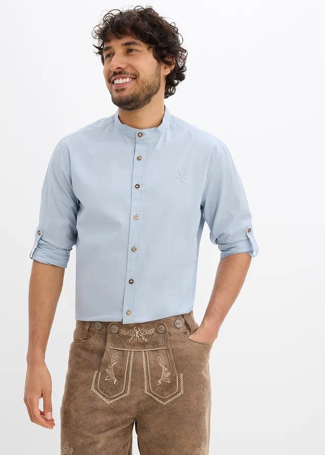 Tiroler overhemd met oprolbare mouwen, Kleur: soft blauw