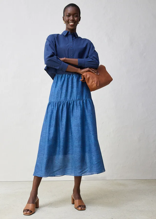 Chemisier court et oversize en coton et soie, Couleur: bleu foncé