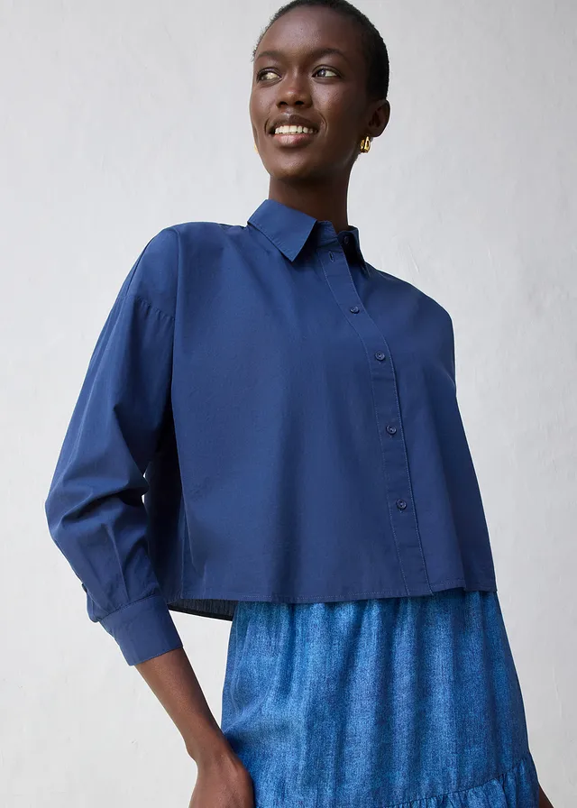 Chemisier court et oversize en coton et soie, Couleur: bleu foncé