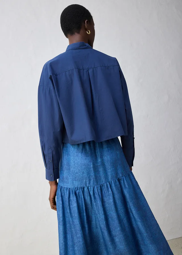 Chemisier court et oversize en coton et soie, Couleur: bleu foncé