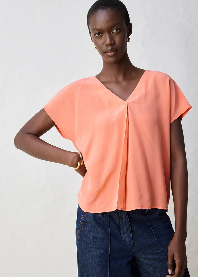 T-shirt avec soie et empiècement tissé, Couleur: mandarine