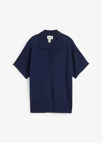 Fijn gebreide trui met zijde en een polokraag, Kleur: donkerblauw