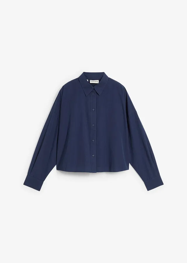 Chemisier court et oversize en coton et soie, Couleur: bleu foncé