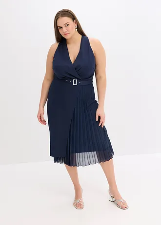Sukienka midi z efektem zakładki kopertowej i plisowaną wstawką, kolor: ciemnoniebieski