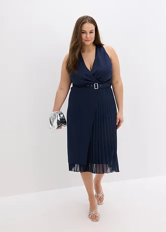 Sukienka midi z efektem zakładki kopertowej i plisowaną wstawką, kolor: ciemnoniebieski