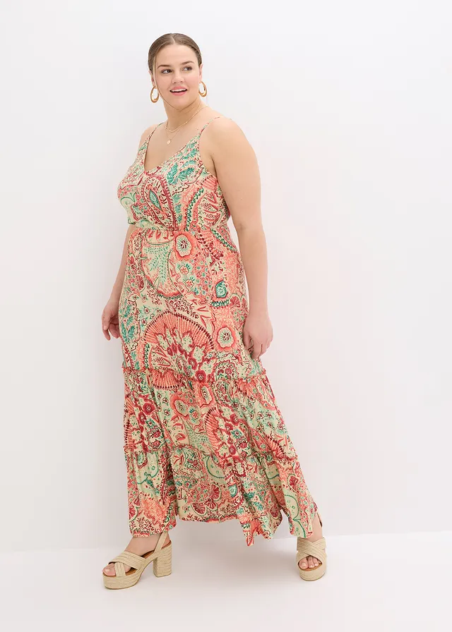 Robe à fines bretelles en jersey viscose extensible, Couleur: orange imprimé