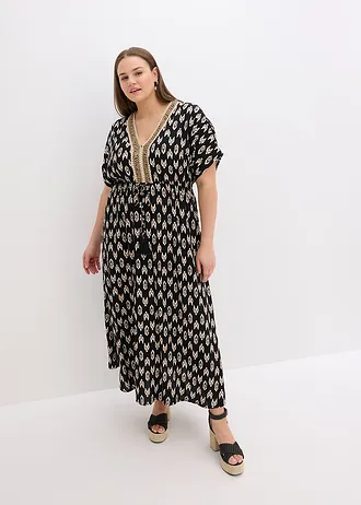 Maxi jurk van soepele viscose, Kleur: zwart met print