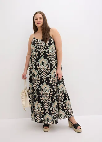 Jurk met spaghettibandjes van gestructureerde viscose, Kleur: zwart gedessineerd