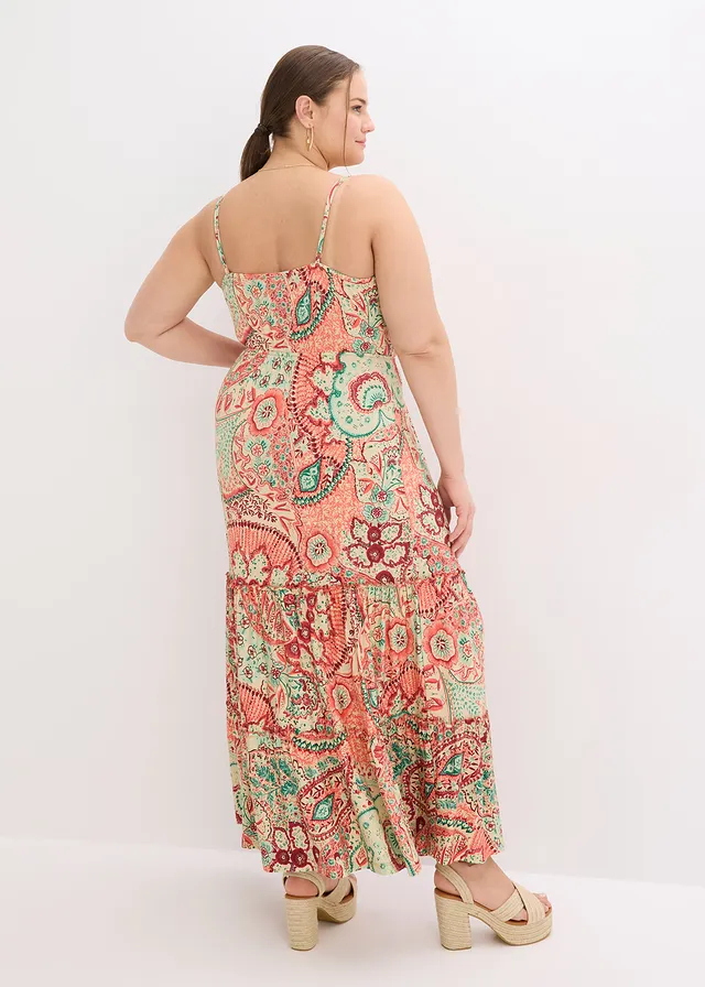 Robe à fines bretelles en jersey viscose extensible, Couleur: orange imprimé
