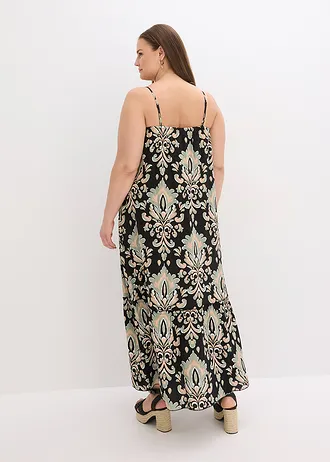 Jurk met spaghettibandjes van gestructureerde viscose, Kleur: zwart gedessineerd