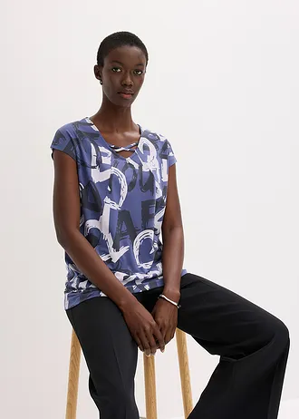 Dlouhé triko • indigo-noční modro-béžová s potiskem • bonprix obchod