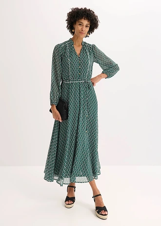 Gedessineerde chiffon jurk, Kleur: zwart-wolwit-bosgroen
