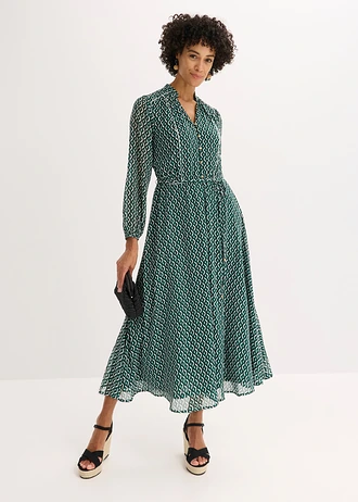 Gedessineerde chiffon jurk, Kleur: zwart-wolwit-bosgroen