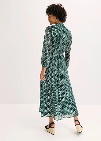 Gedessineerde chiffon jurk, Kleur: zwart-wolwit-bosgroen