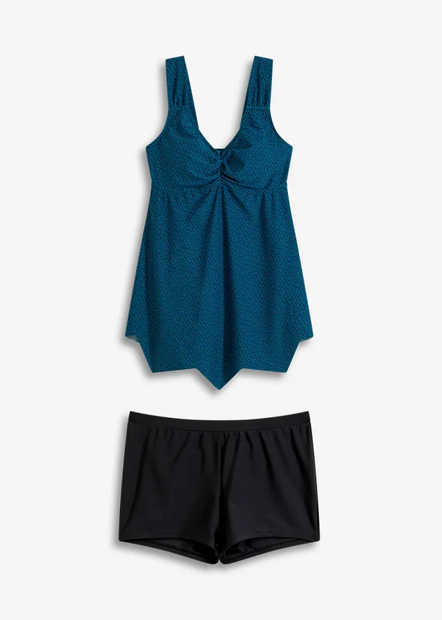Tankini long (ens. 2 pces) avec base en zigzag, Couleur: pétrole pois