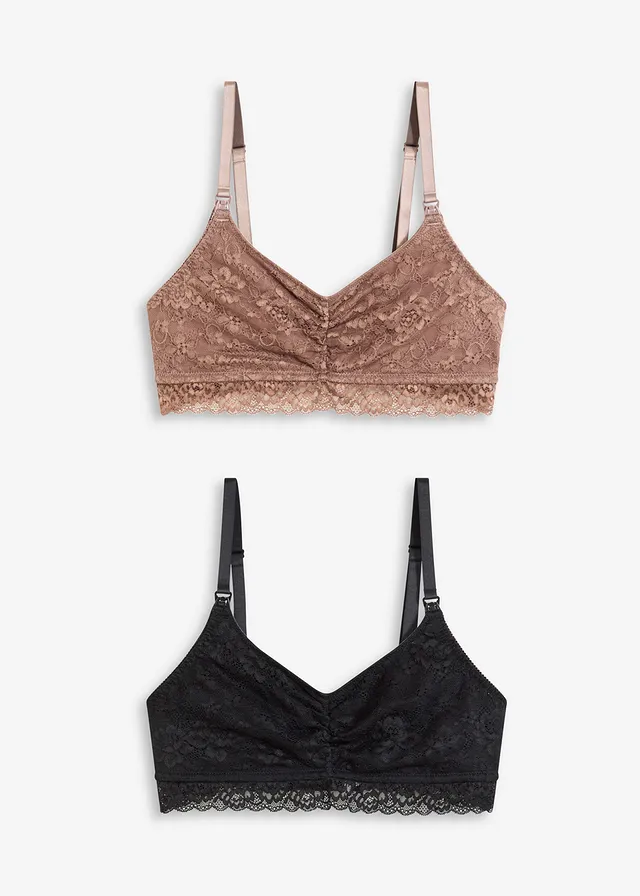 Lot de 2 soutiens-gorge d’allaitement sans armatures avec dentelle et coton, Couleur: noir + marron mat