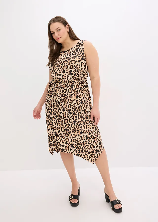 Gedessineerde jersey jurk, Kleur: beige-zwart luipaardprint
