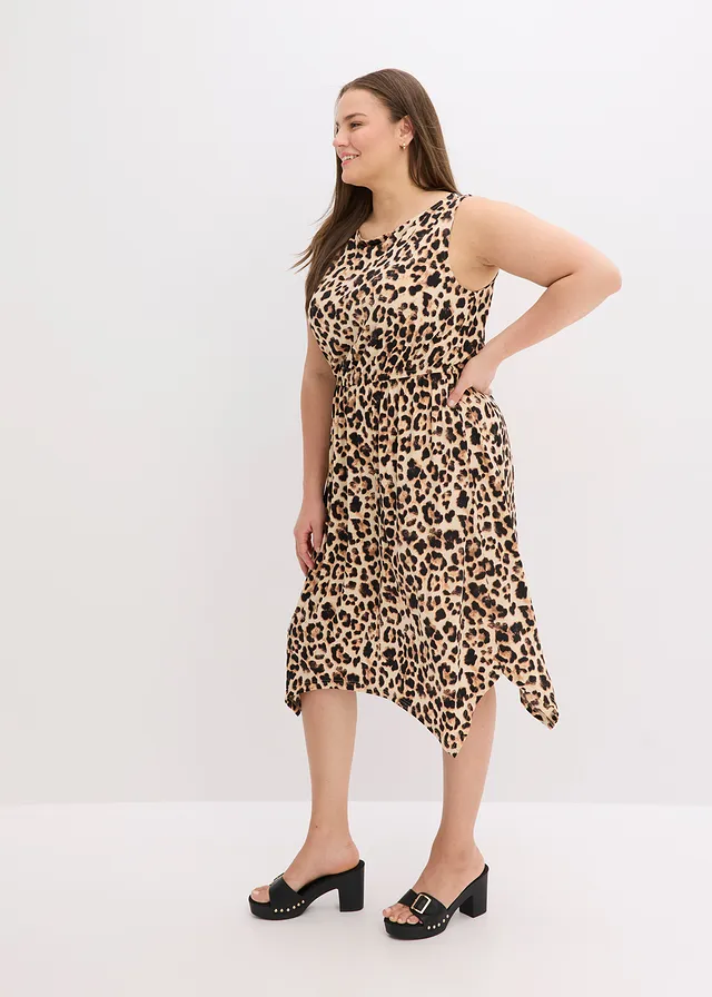 Gedessineerde jersey jurk, Kleur: beige-zwart luipaardprint