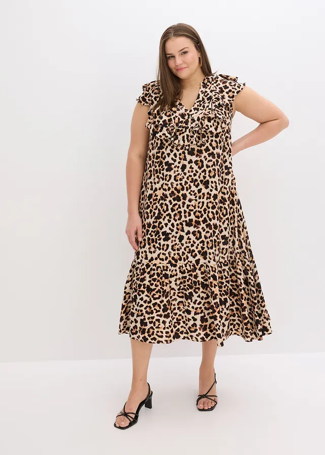 Midi jurk met volants van gestructureerde crêpe, Kleur: beige-zwart luipaardprint